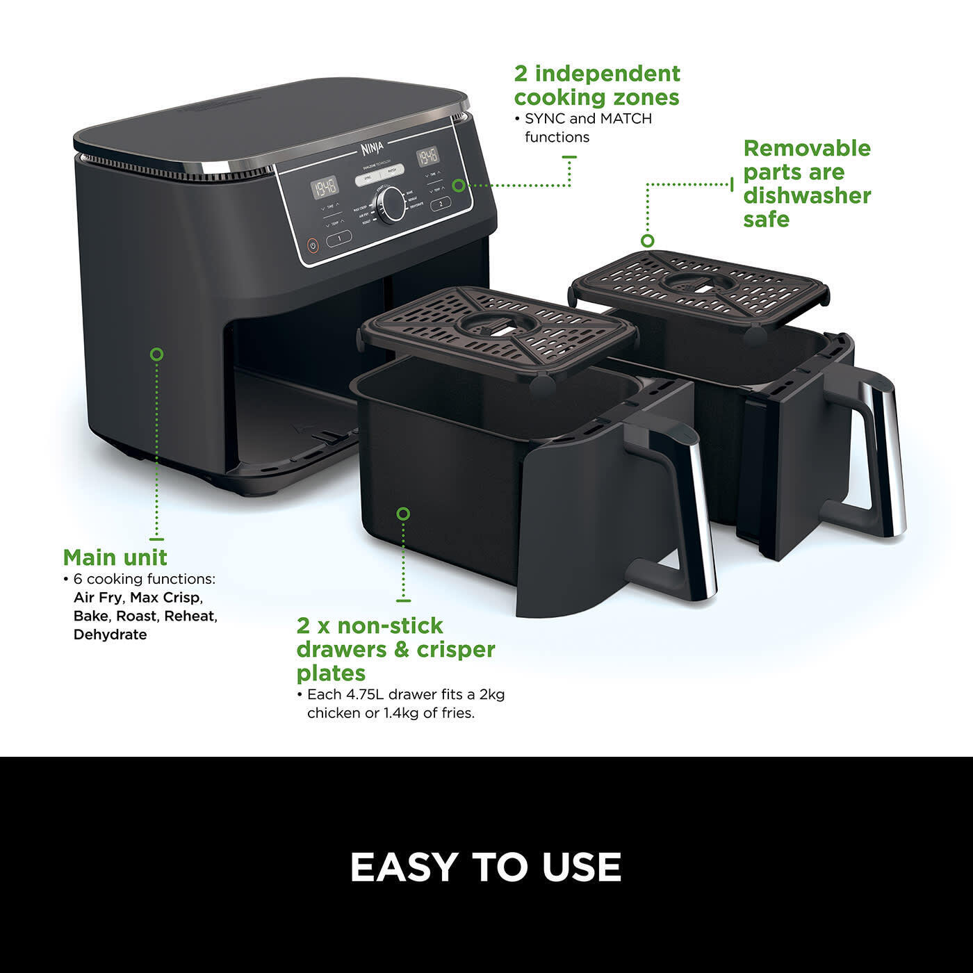 Ninja Foodi Air Fryer MAX Dual Zone – Refurbished [AF400UK], 6 Functions, 9.5L